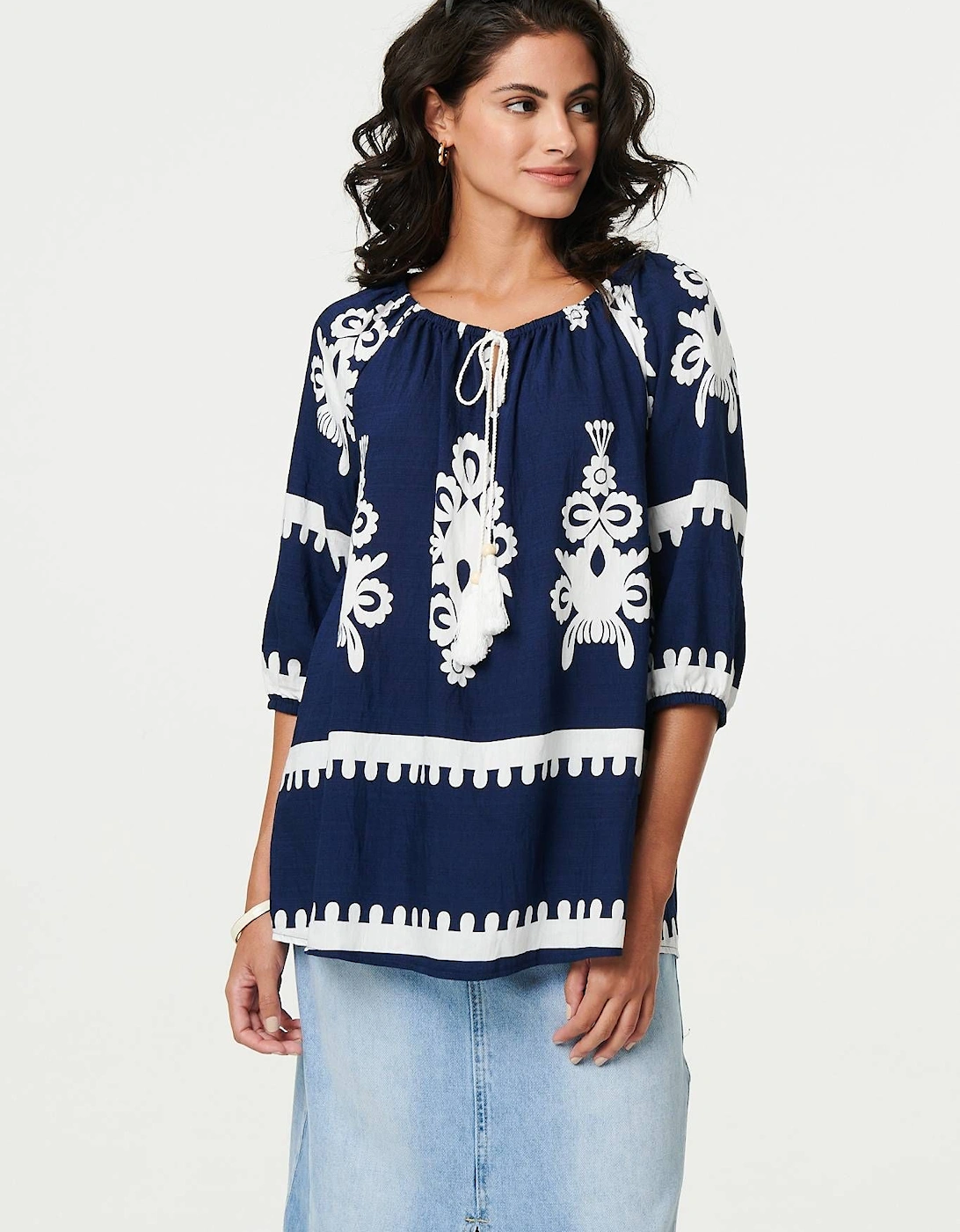 Ikat Print Tassel Tie Neck Blouse, 2 of 1