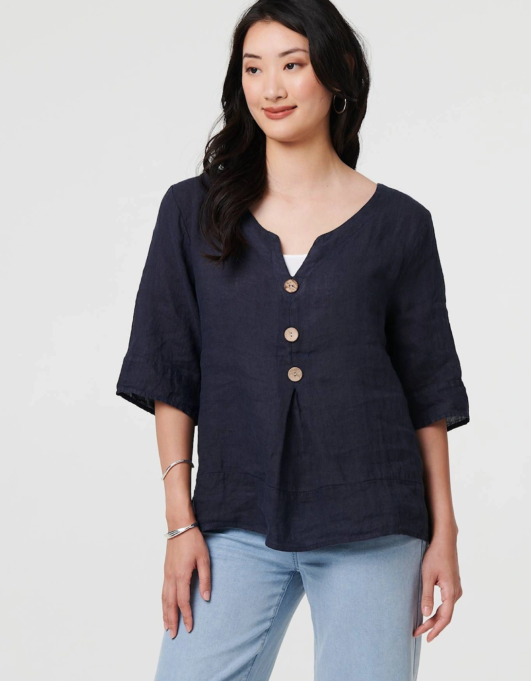 Button Detail 3/4 Sleeve Relaxed Blouse, 2 of 1