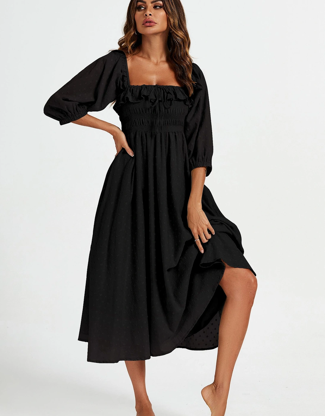 Frill Detail Square Neckline Midi Dress In Black, 2 of 1