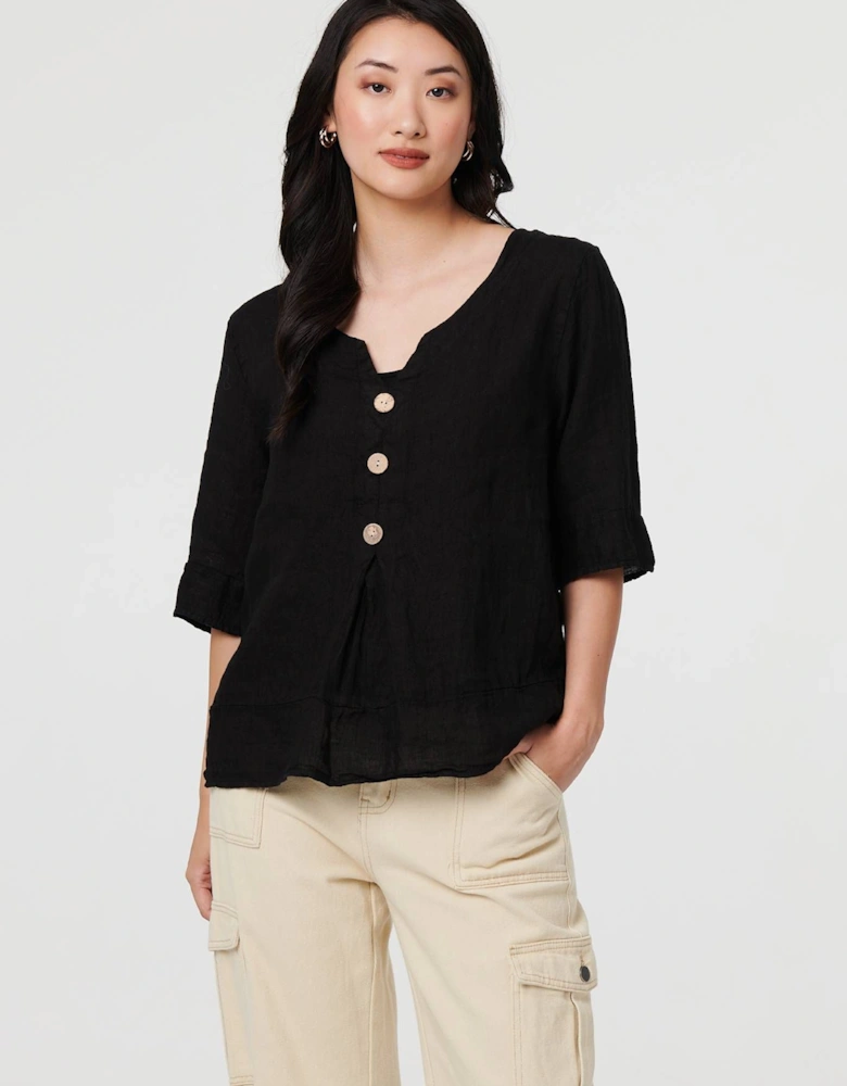 Button Detail 3/4 Sleeve Relaxed Blouse