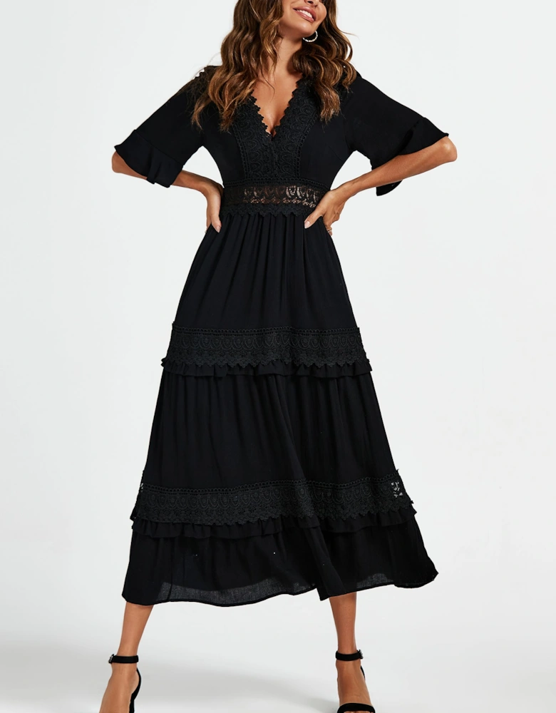 V Neck Lace Detail Maxi Dress In Black
