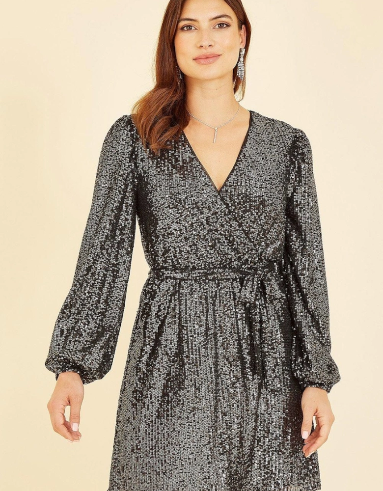 Black Sequin Belted Wrap Long Sleeve Dress