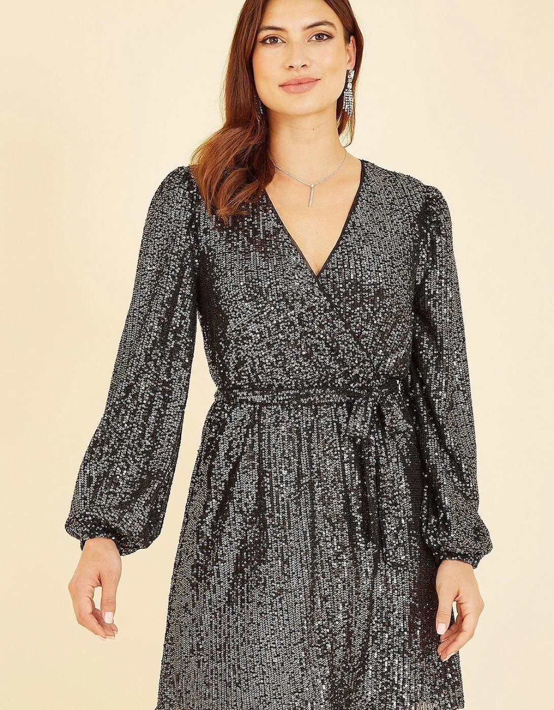 Black Sequin Belted Wrap Long Sleeve Dress, 2 of 1
