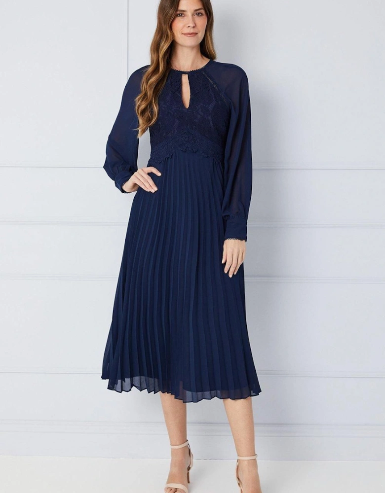 Occasion Lace Insert Pleated Midi Dress