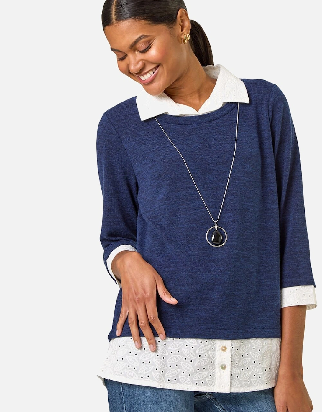 Mock Broderie Shirt Contrast Necklace Top, 2 of 1