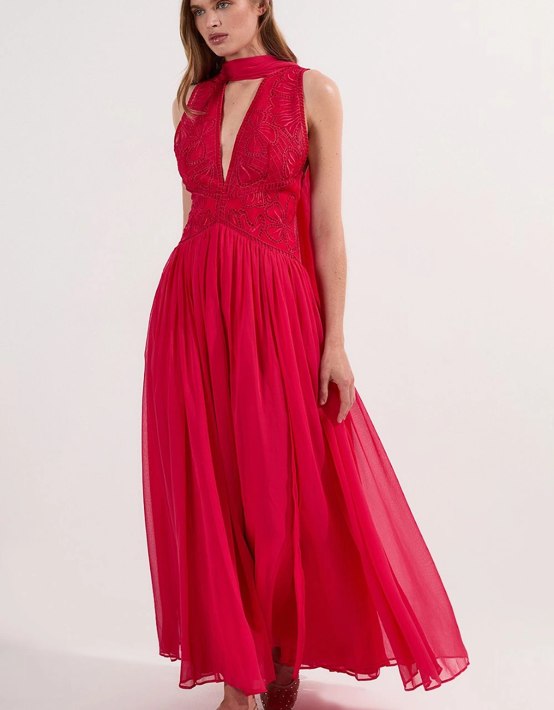 Embroidered Applique Crinkle Deep V Woven Midi Prom Dress, 2 of 1