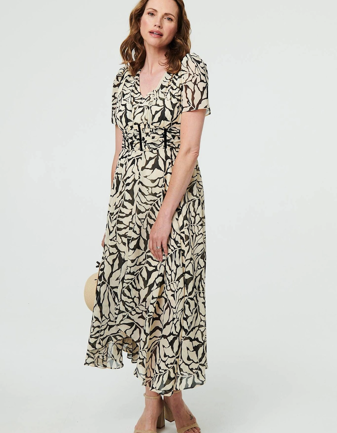 Printed Ruched Front V-Neck Midi Dress, 2 of 1