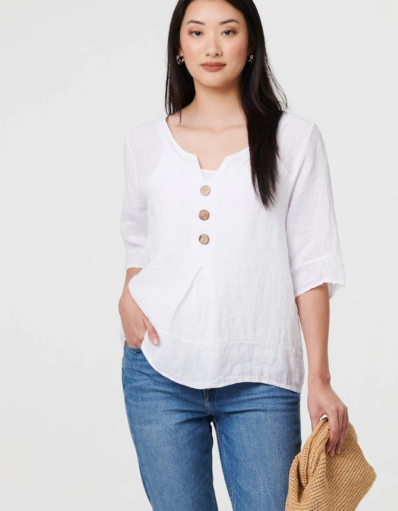 Button Detail 3/4 Sleeve Relaxed Blouse