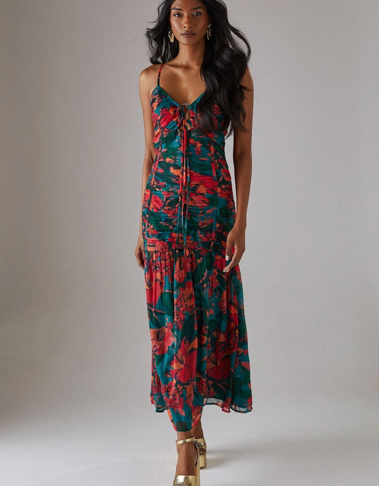 Chiffon Gathered Channel Strappy Midi Dress