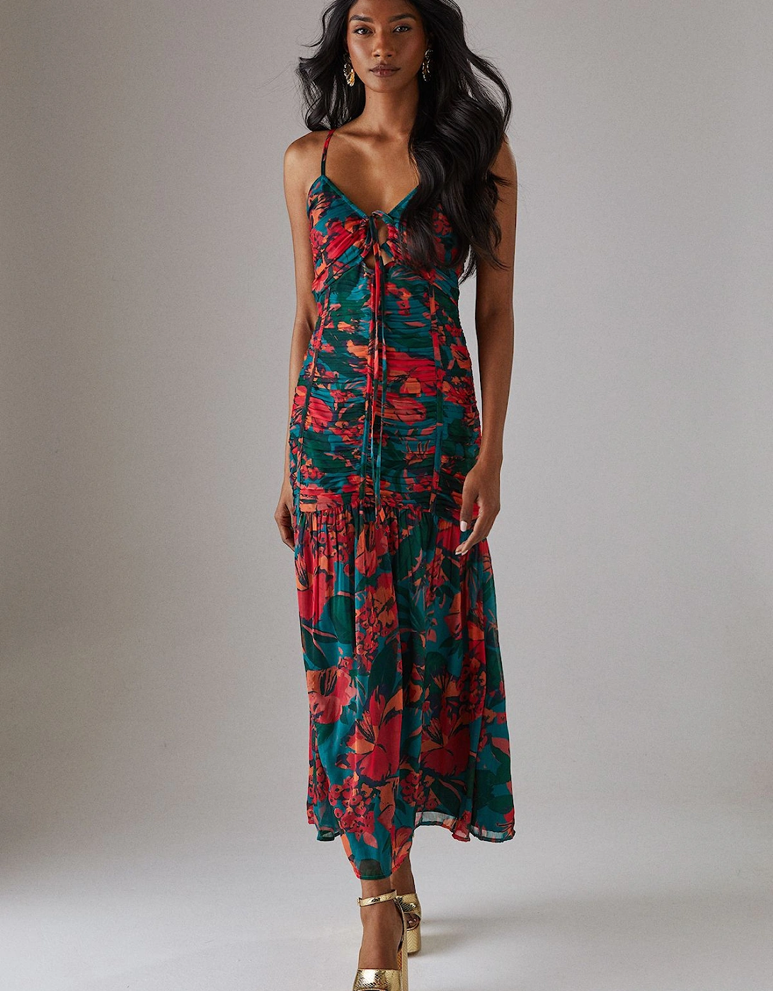 Chiffon Gathered Channel Strappy Midi Dress, 2 of 1