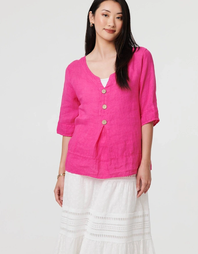 Button Detail 3/4 Sleeve Relaxed Blouse