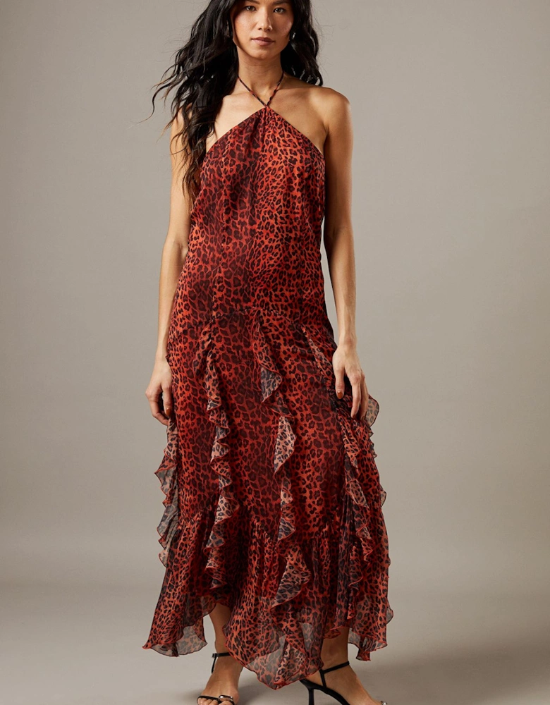 Chiffon Halter Tendril Ruffle Midi Dress