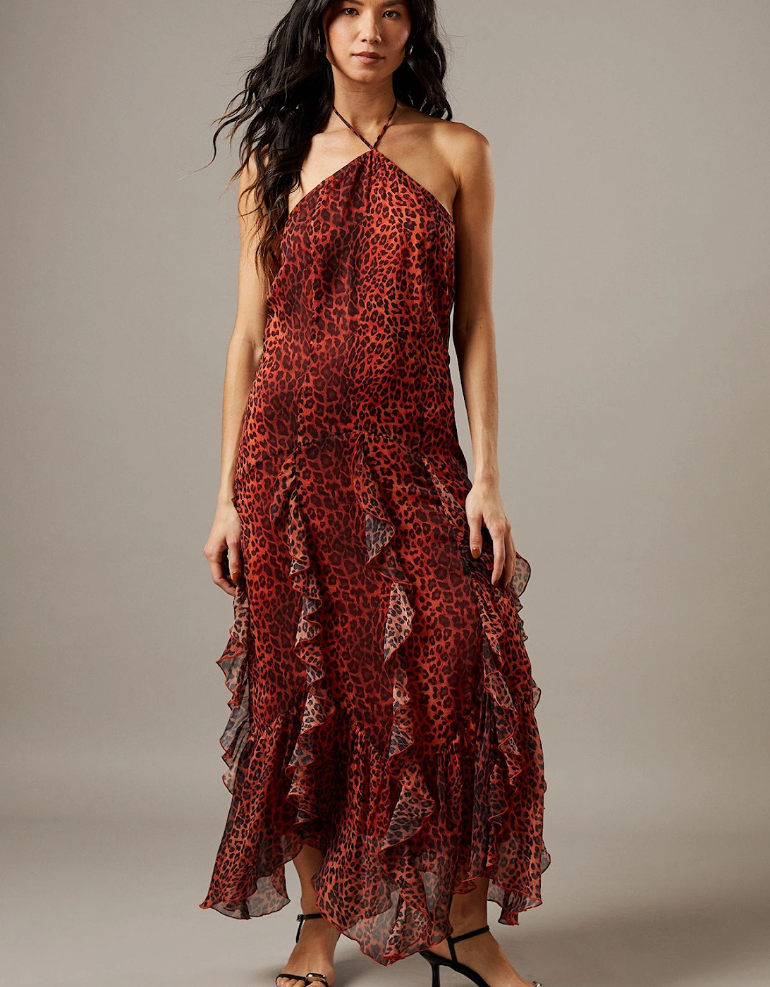 Chiffon Halter Tendril Ruffle Midi Dress, 2 of 1