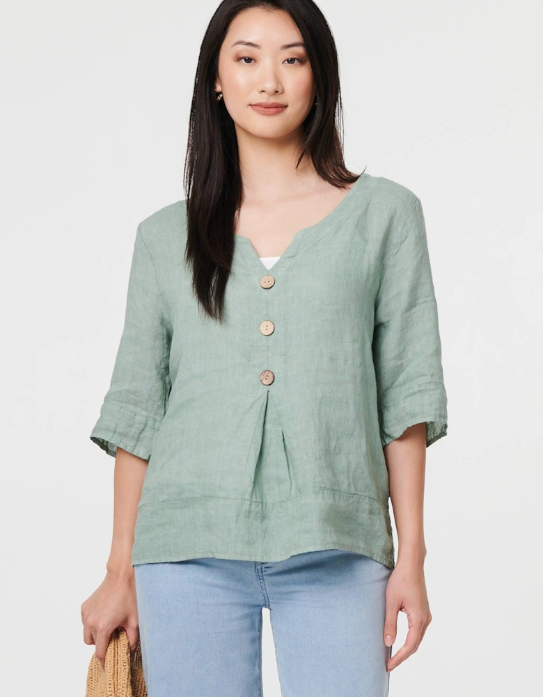 Button Detail 3/4 Sleeve Relaxed Blouse