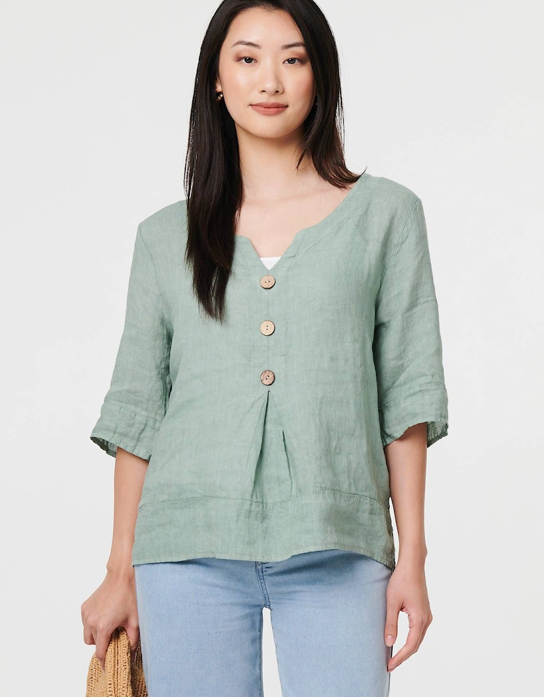 Button Detail 3/4 Sleeve Relaxed Blouse, 2 of 1