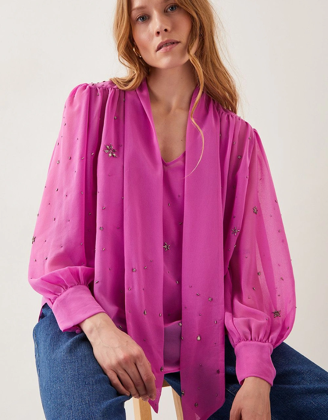 Candice Embellished Pussybow Blouse Pink, 2 of 1