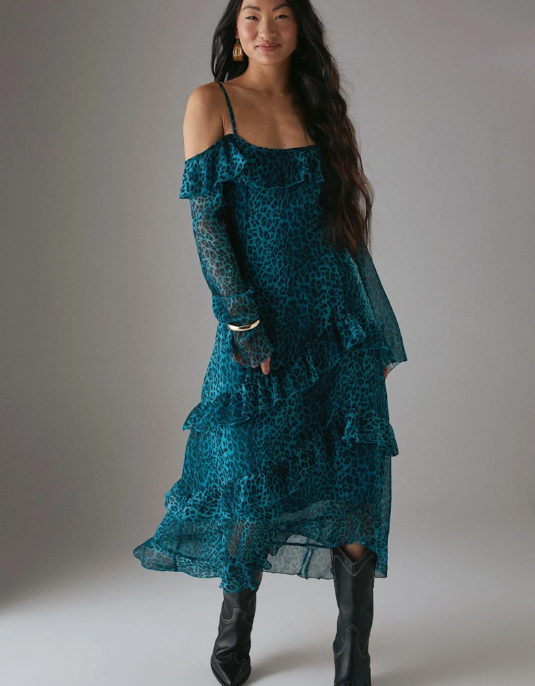 Petite Chiffon Ruffle Cold Shoulder Midi Dress
