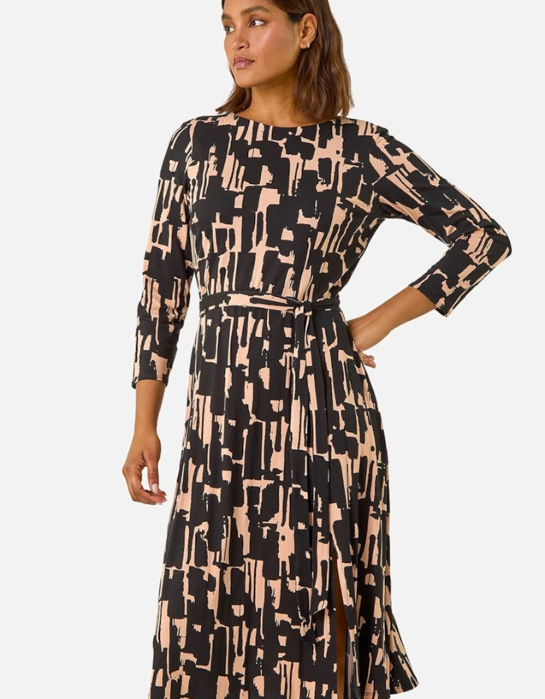 Stretch Abstract Belted Dress