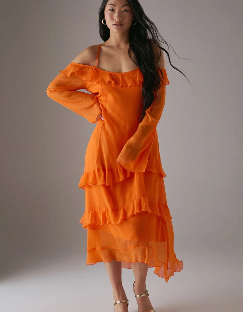 Petite Chiffon Ruffle Cold Shoulder Midi Dress
