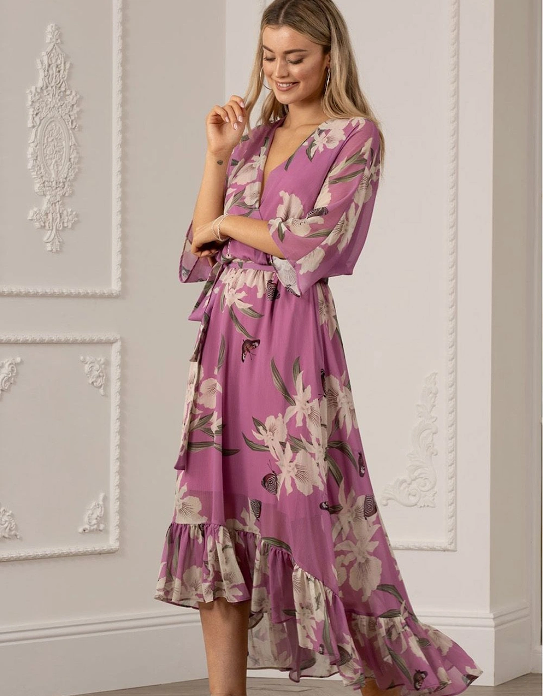Soft Pink Floral Kimono Sleeves Dip Hem Wrap Midi Dress, 2 of 1