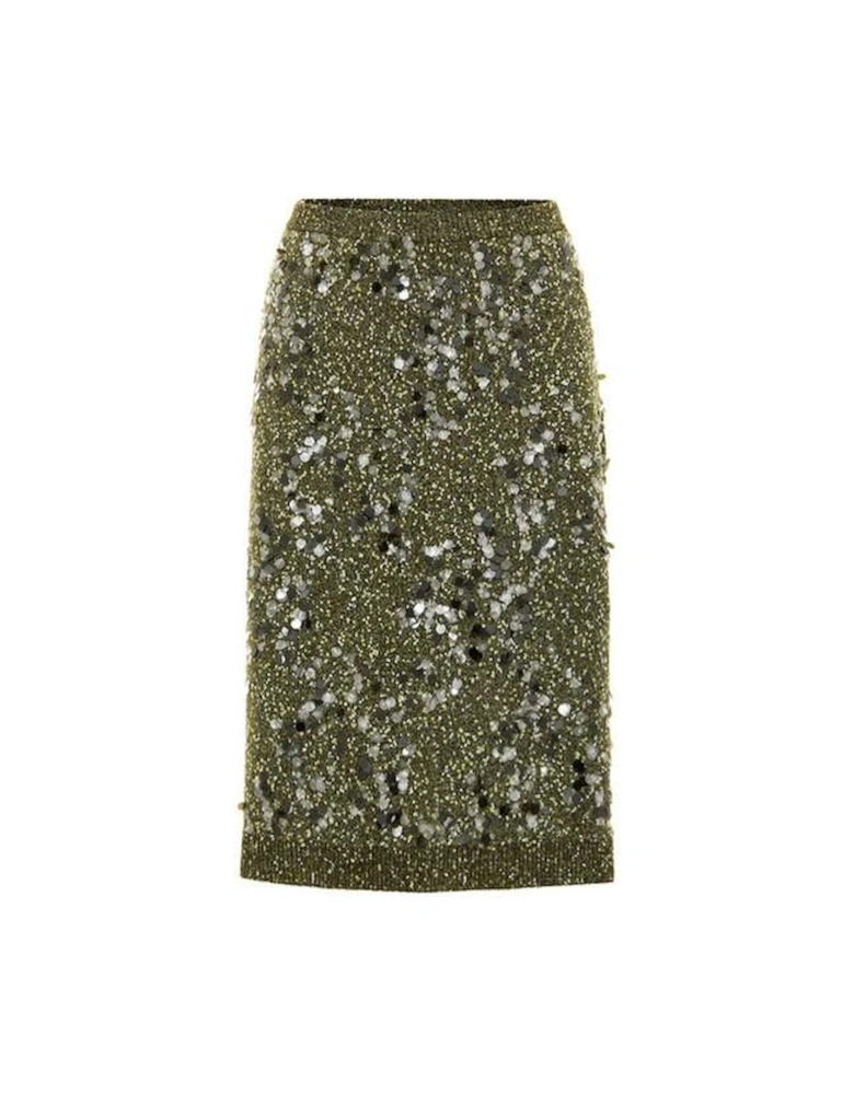 Sequined Knit Skirt with Elasticated Waistband - Green