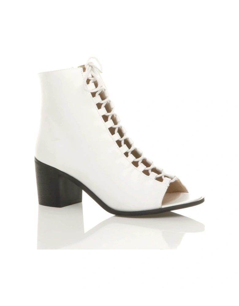 Mid Block Heel Lace Up Peep Toe  Ankle Boots