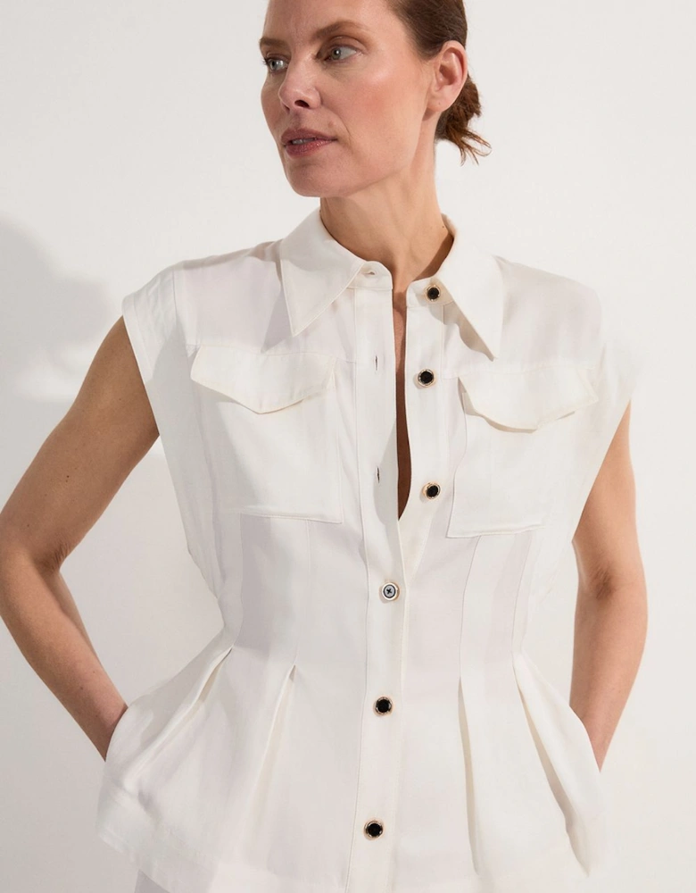 Tall Premium Viscose Linen Topstitch Woven Blouse With Waist Seam Detail