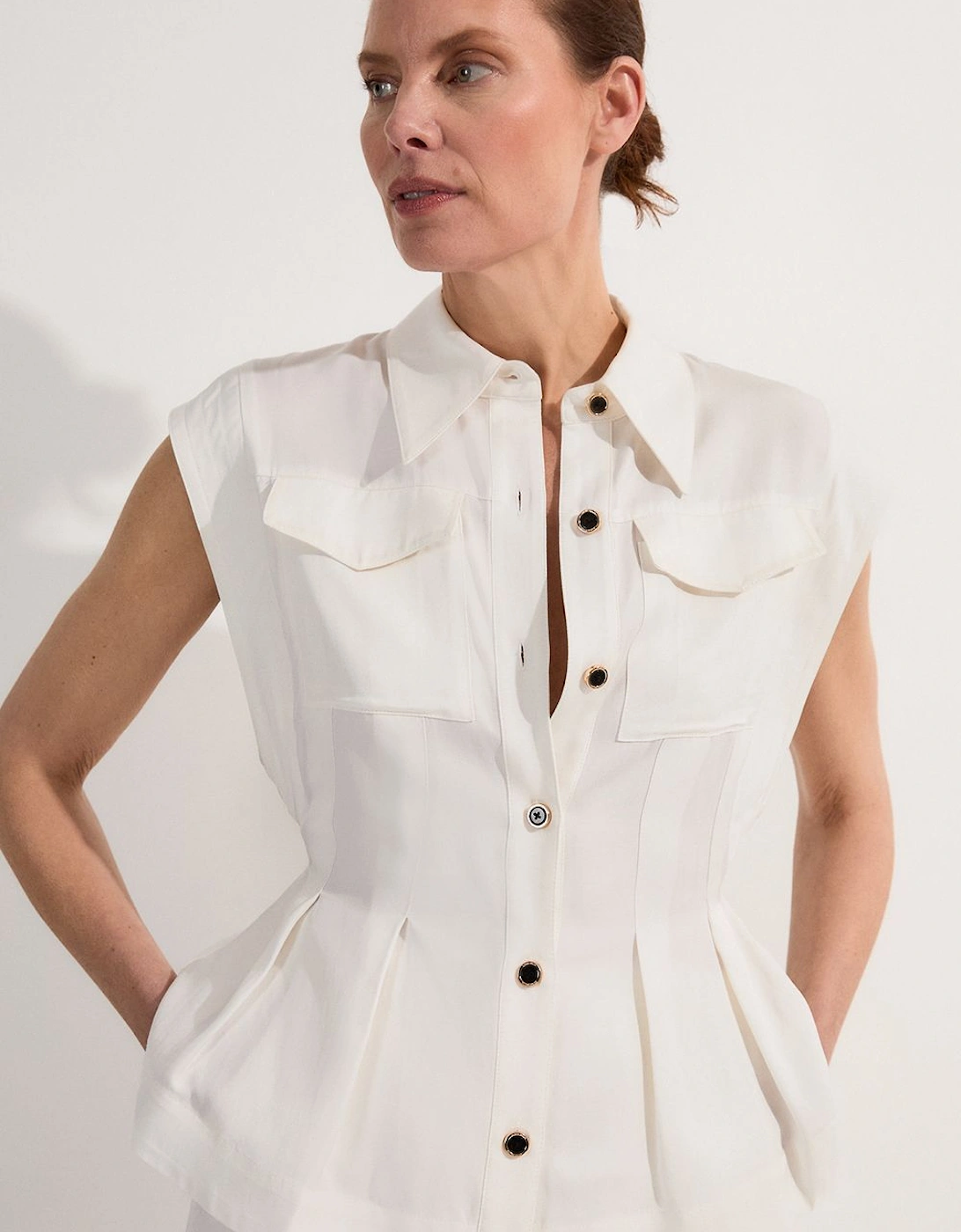Tall Premium Viscose Linen Topstitch Woven Blouse With Waist Seam Detail, 2 of 1