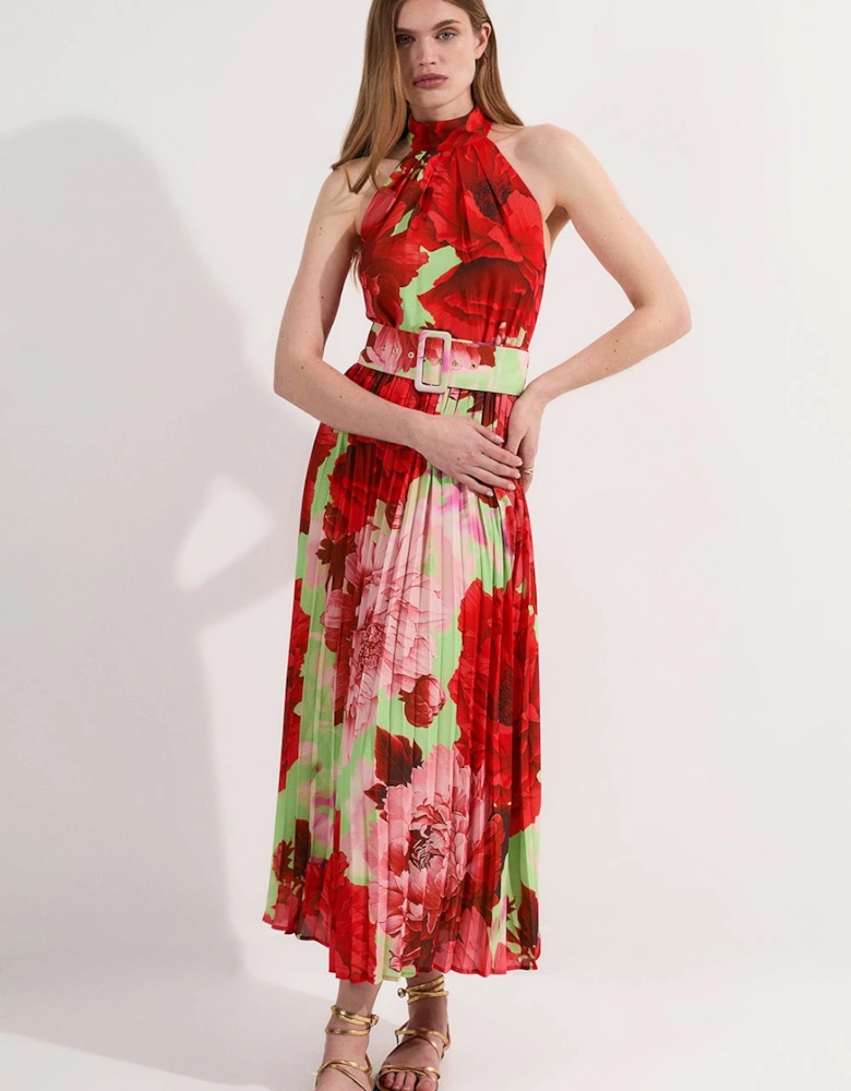 Petite Floral Halter Neck Pleated Midi Dress