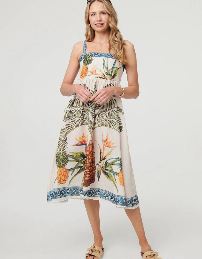 Tropical Print Sleeveless Midi Dress