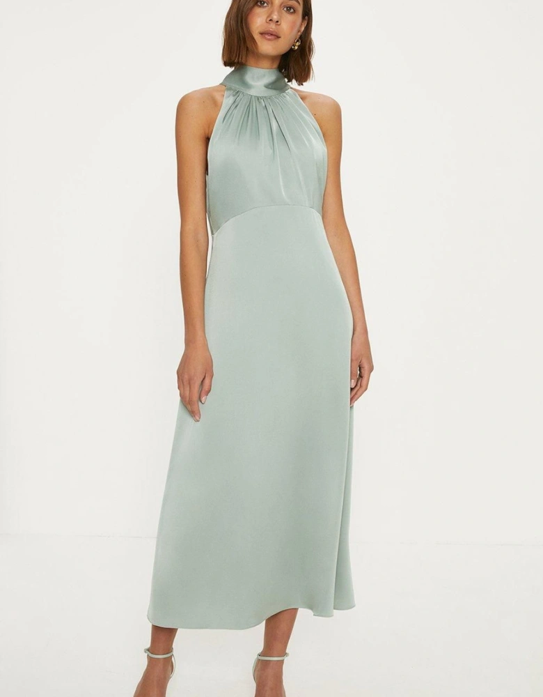 Satin Halter Neck Midi Bridesmaid Dress