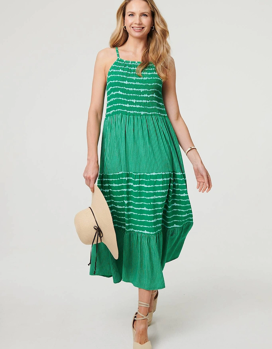 Striped Ruched Texture Tiered Midi Dress, 2 of 1