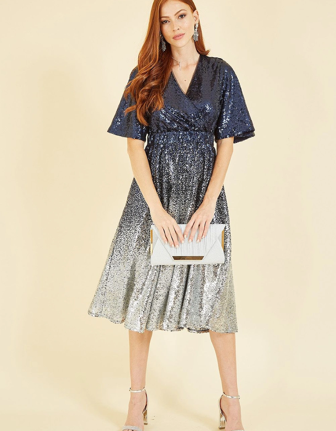Navy and Silver Ombre Sequin Midi Wrap Dress, 2 of 1
