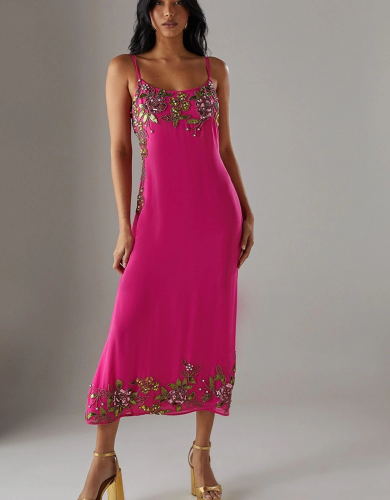 Hand Embellished Strappy Bias Sequin Midi Dress