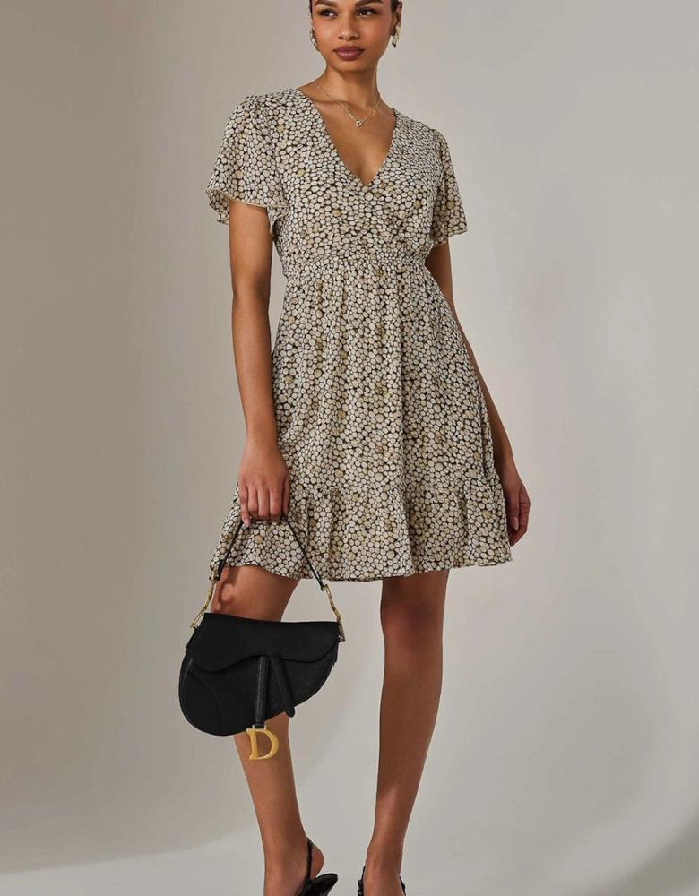Chiffon Short Sleeve Tie Waist Mini Dress