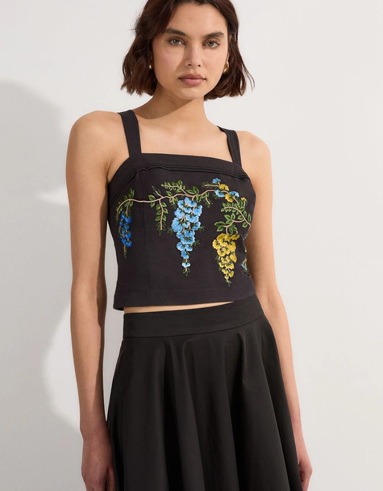 Floral Embroidered Woven Strappy Top