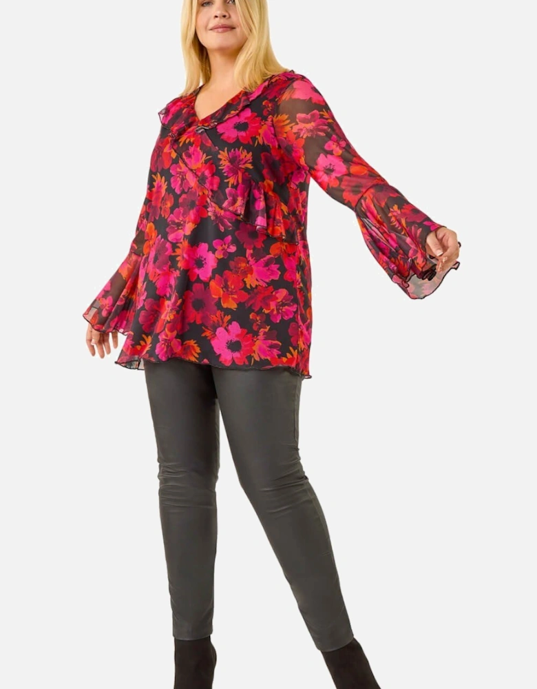 Curve Floral Ruffle Mesh Top
