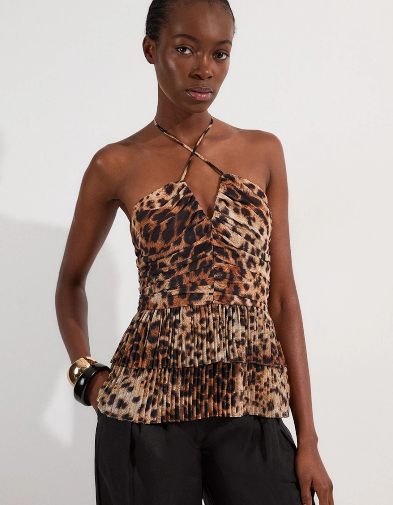 Animal Georgette Crinkle Tiered Halterneck Top