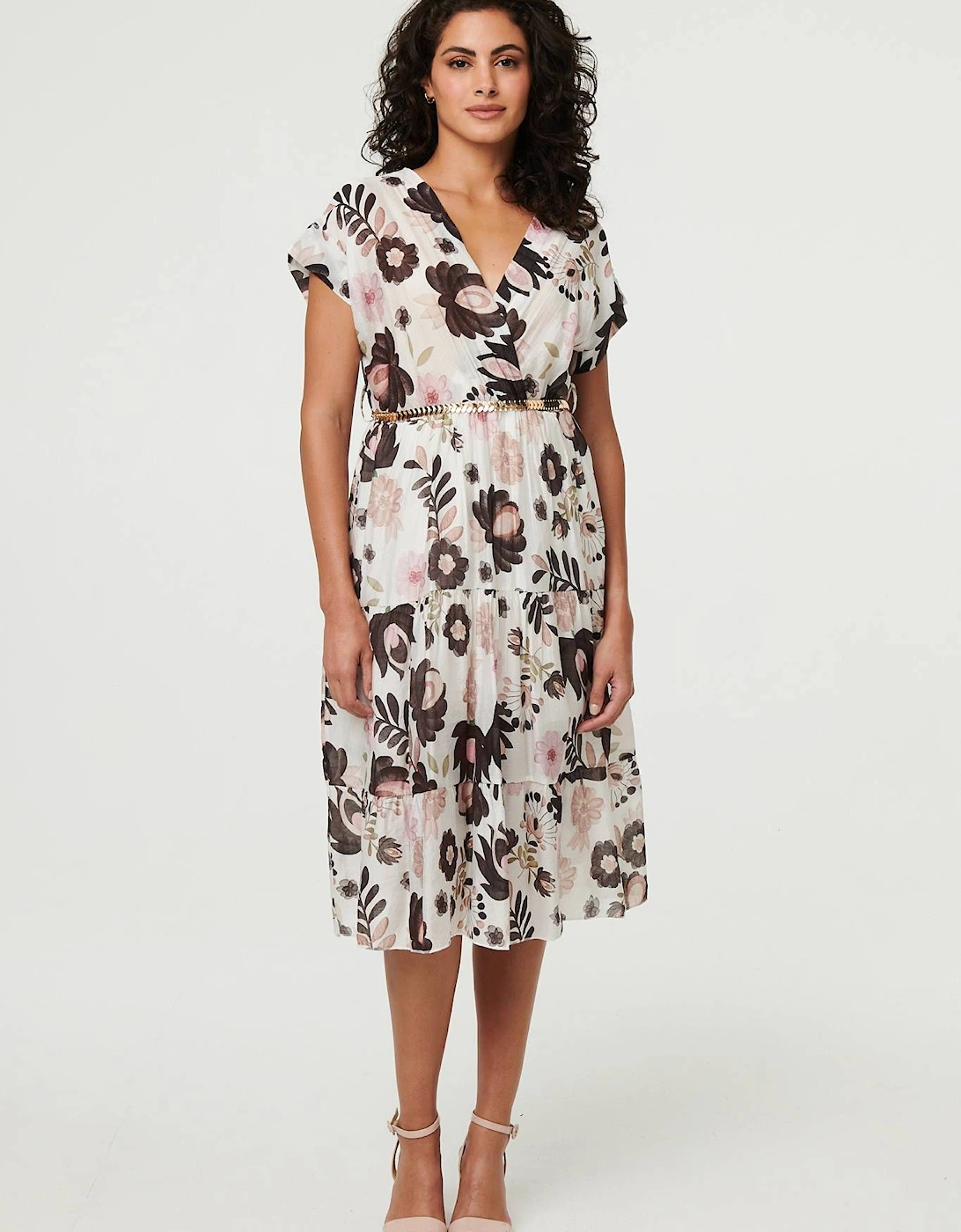 Floral Cap Sleeve Belted Wrap Midi Dress, 2 of 1