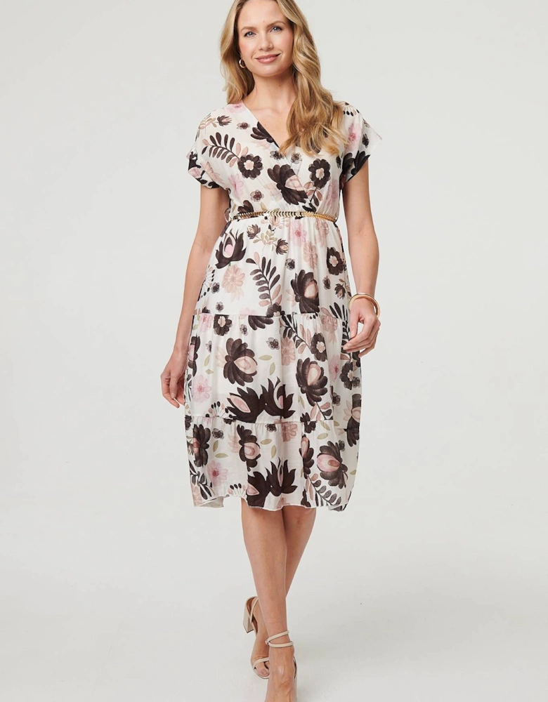 Floral Cap Sleeve Belted Wrap Midi Dress