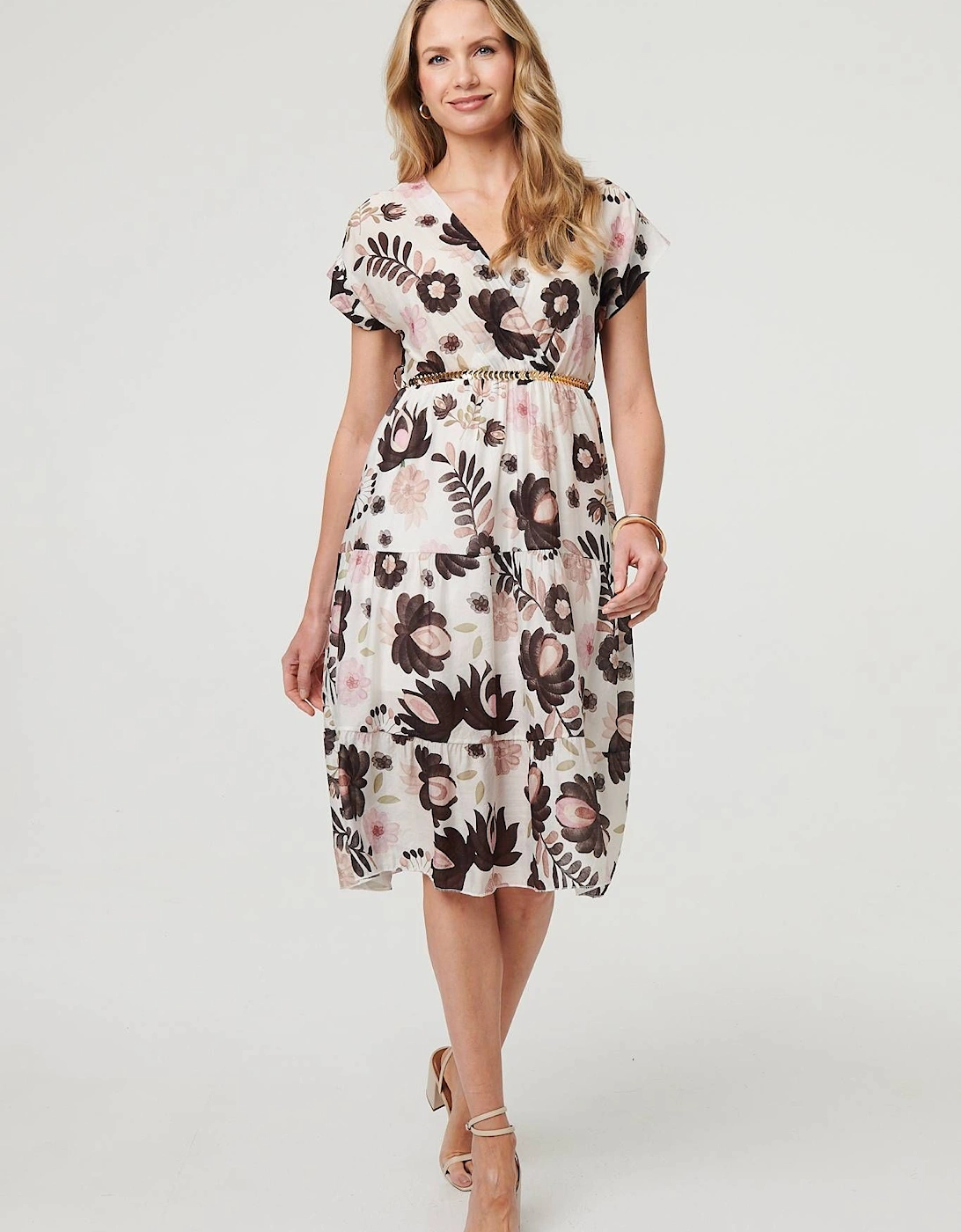 Floral Cap Sleeve Belted Wrap Midi Dress, 2 of 1