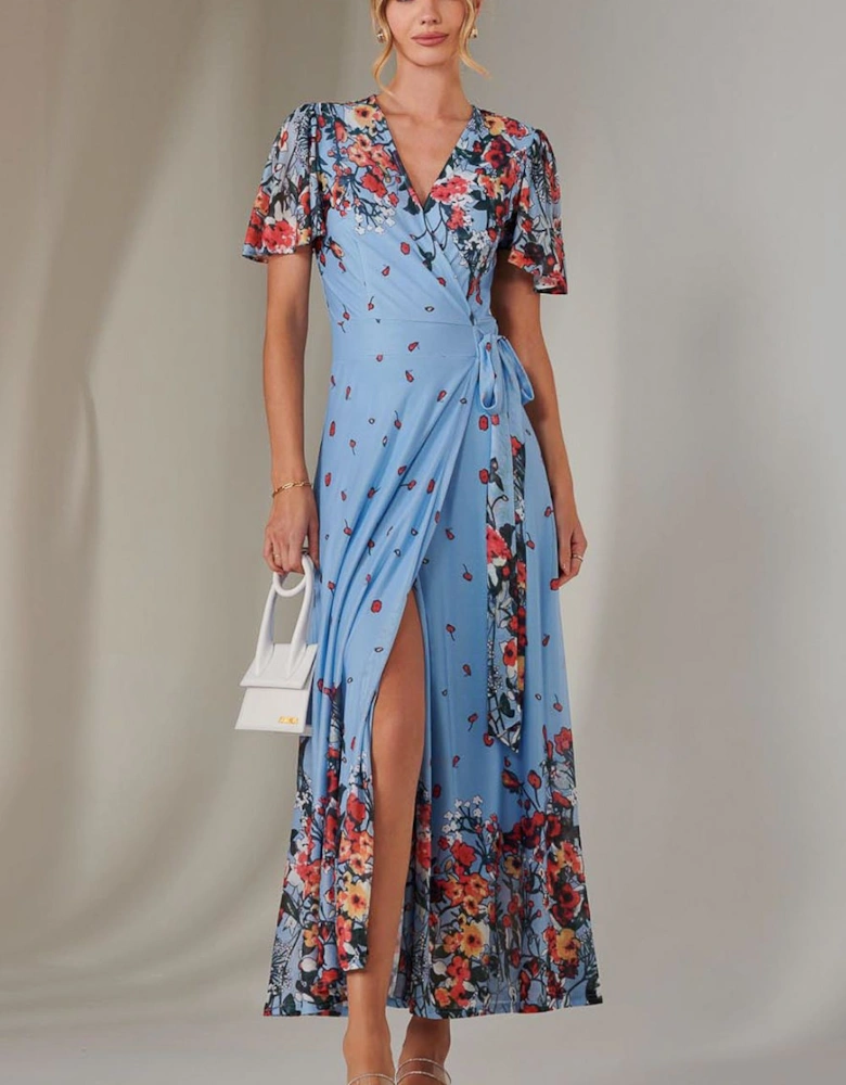 Mirror Print Mesh Wrap Maxi Dress