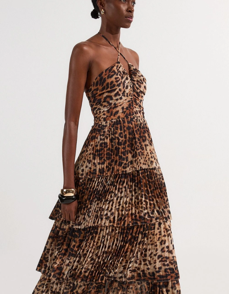 Petite Animal Georgette Crinkle Tiered Halterneck Midi Dress