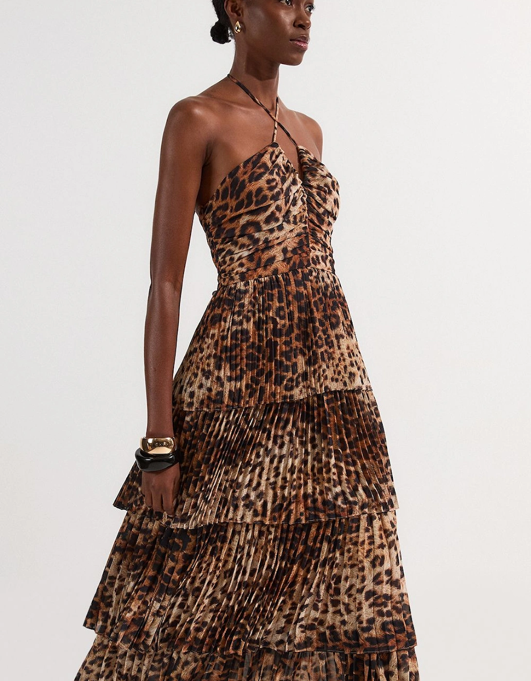 Petite Animal Georgette Crinkle Tiered Halterneck Midi Dress, 2 of 1