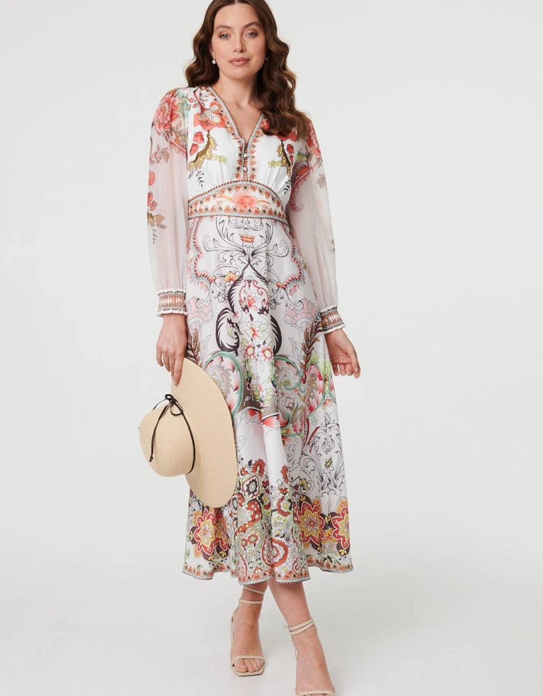 Printed Long Sleeve Empire Maxi Dress