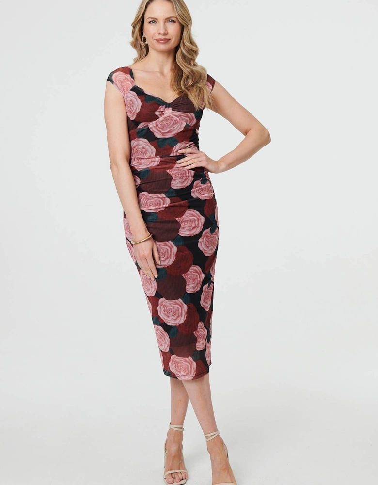 Floral Semi Sheer Cap Sleeve Midi Dress