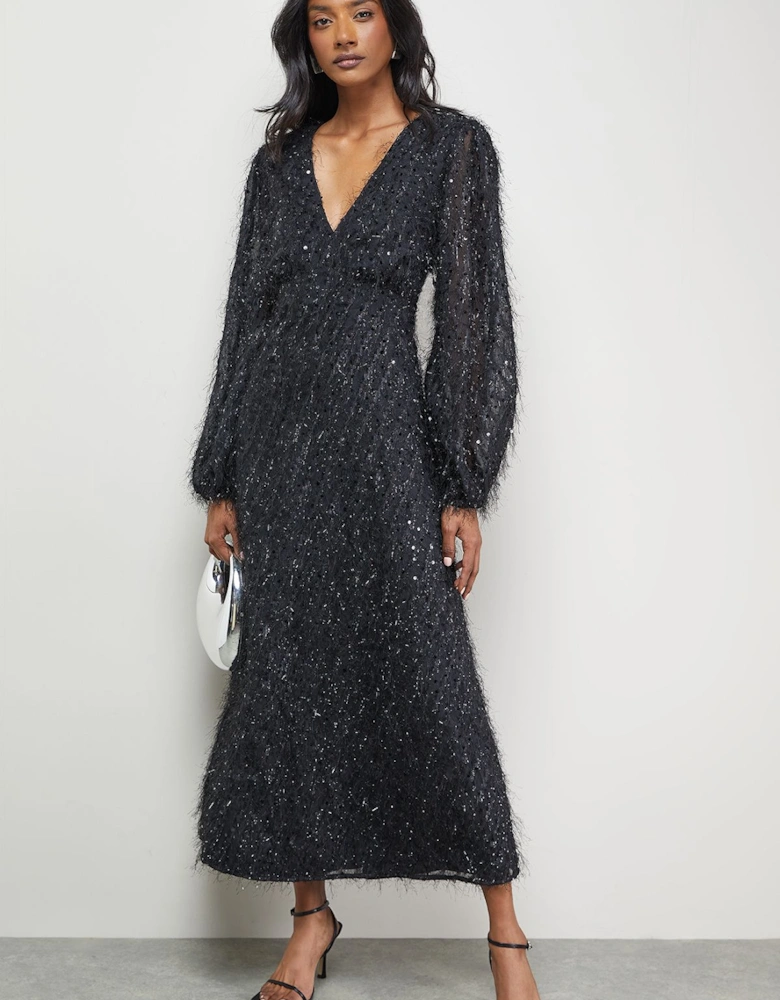 Sequin Embellished Fluffy Plunge Neck Midi Dress