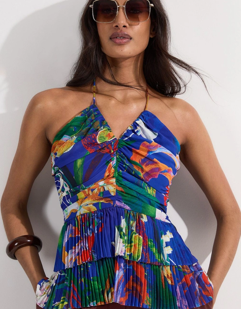 Tropical Georgette Crinkle Tiered Halterneck Top