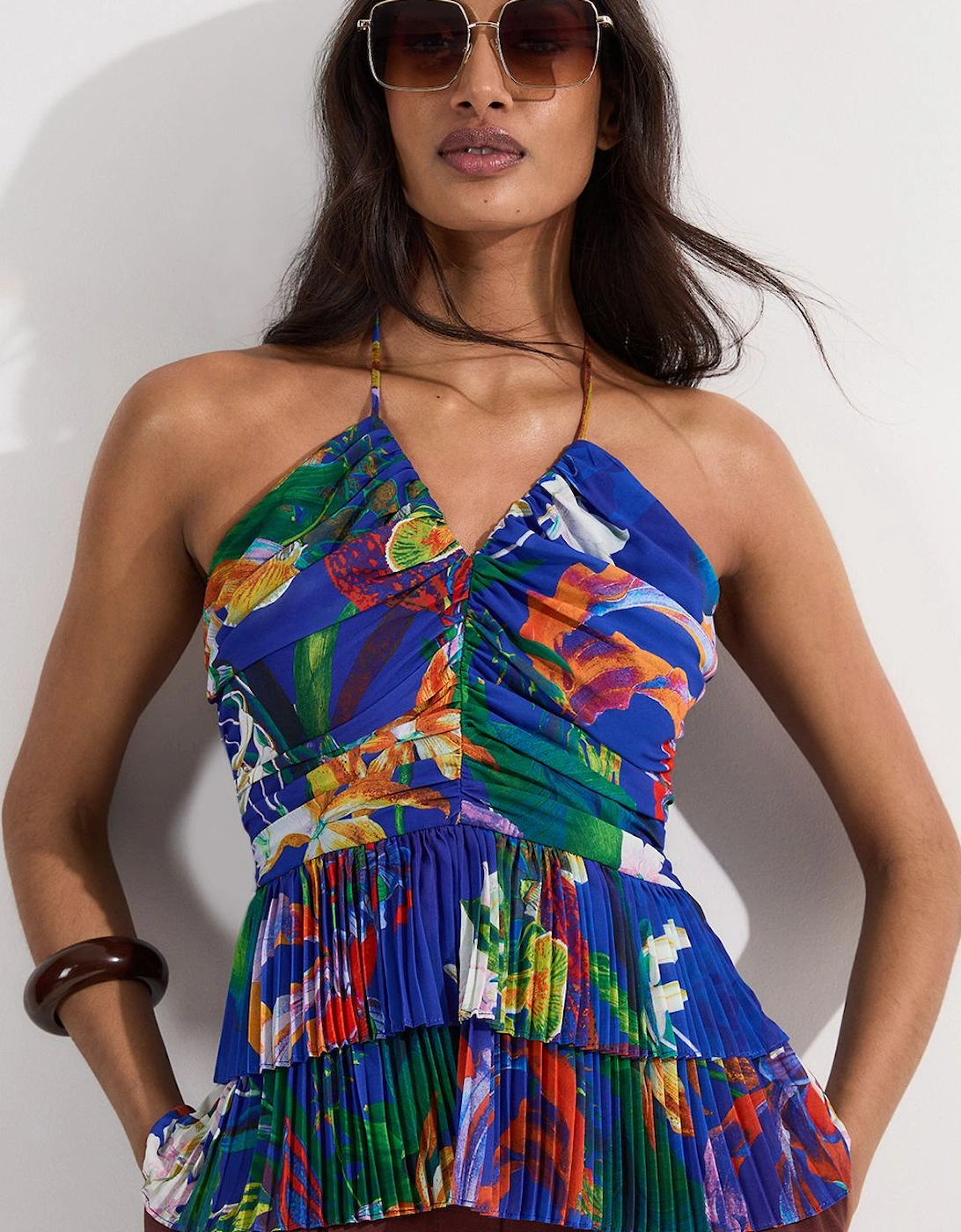 Tropical Georgette Crinkle Tiered Halterneck Top, 2 of 1
