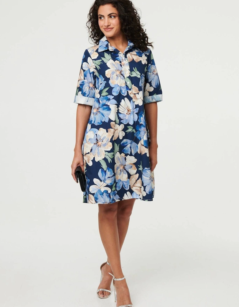Floral Oversized Knee Length Shirt Dress